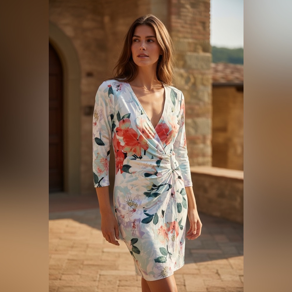 Calvin Klein Floral Long Sleeve Dress - Coral and Mint